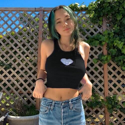 Womens Rib Knit Tank Tops Casual Sleeveless Round Neck Heart Patchwork Slim Fit Crop Tops