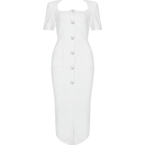 Women 2021 Autumn Bandage Dress Sexy Bodycon Button Clothing Club Celebrity Party Evening Elegant White Dresses