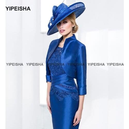 Yipeisha Exquisite Royal Blue Mother of the Bride Dresses With Jacket Scoop Sheath Knee Length Wedding Guest Gowns Plus Size