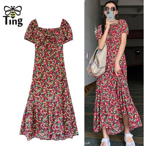 Tingfly Vintage Elegant France Fashion Rose Floral Street Casual Long Dress Summer Boho New Ruffles Hem Short Sleeve Vestidos Z