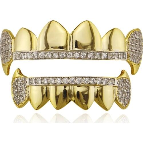 Rapper Gold Color Teeth Grillz Top Bottom CZ Crystal Grills On Teeth Vampire Fang Dental Tooth Caps Cosplay Body Jewelry Party