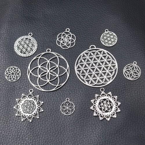 10pcs Mixed Silver Plated Flower of Life Pendants Retro DIY Charms Necklace Bracelet Jewelry Crafts Handmade Accessories P732