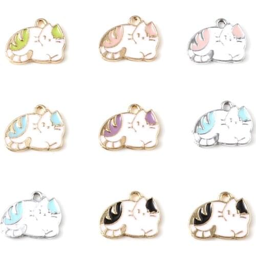 Doreen Box Cat Animal Charms Multicolor Enamel Pendants Cute Fashion Jewelry Pendant Accesspries for Women 16mm x 12mm, 10 PCs