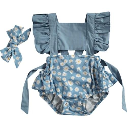 2 Pcs Newborn Casual Outfits Baby Girl Daisy Print Fly Sleeve Square Collar Back Tie Up Ruffle Romper + Headband 0-24 M Summer