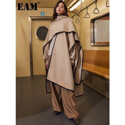 [EAM] Loose Fit Khaki Big Size Irregular Woolen Coat Parkas New Long Sleeve Women Fashion Tide Autumn Winter 2021 1DD1393