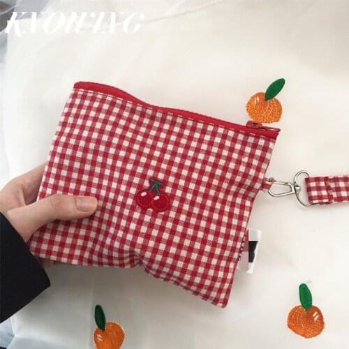 Sandro cherry embroidery large red plaid hand carry canvas storage bag kawaii pencil bag cute cosmetic bag coin purse