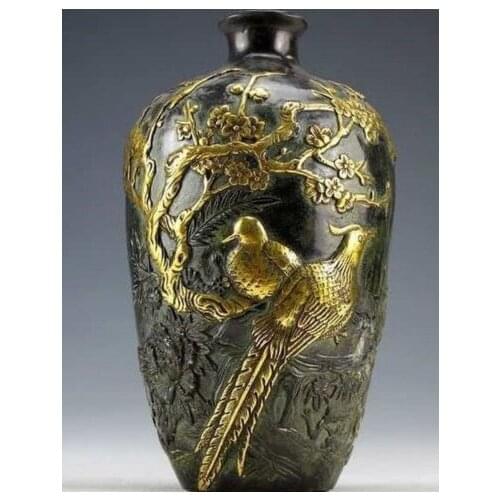 Exquisite Chinese Vintage Collection Bronze Gold-plating Flower Bird Vase H7.9 inch