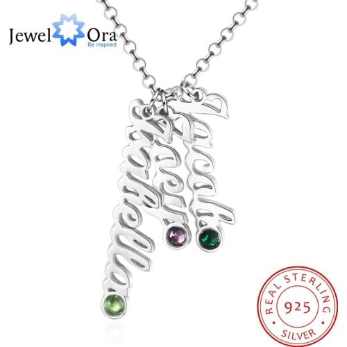 JewelOra 925 Sterling Silver Personalized Vertical Name Necklace with 3 Birthstones Custom Made Family Necklace Gift for Mother