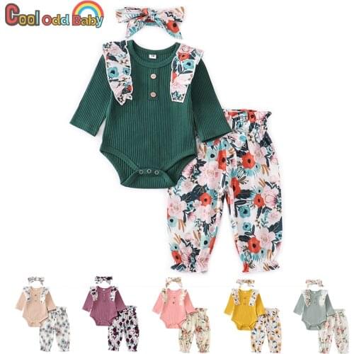 Newborn Baby Girl Clothes Sets Fashion Infant Outfit Floral Ruffles Romper Top Pants Headband 3Pcs For New Born Toddler Clothing