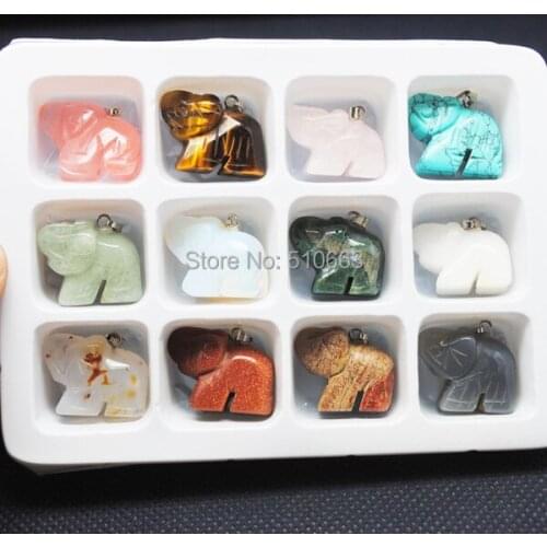Stone Box (12 Pieces)/Lot,Nature Gem Stone Pendant,Elephant Shape,Stone Collection,Semi Precious Stone,Size: 15x25mm