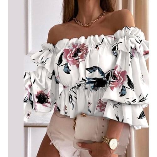 Summer Off Shouldr 3/4 Sleeve Women Blouses Fashion Ruffle Slash Neck Shirts Elegant Floral Print Slim Office Lady Pullover Tops