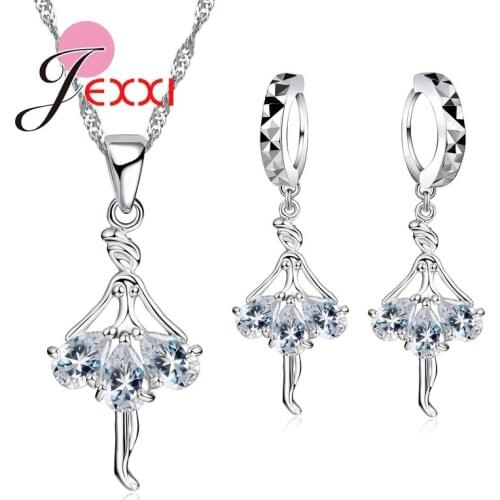 925 Sterling Silver Dance Ballet Girl Necklace Earrings Cubic Zircon Sets Women Wedding Party Jewelry Set