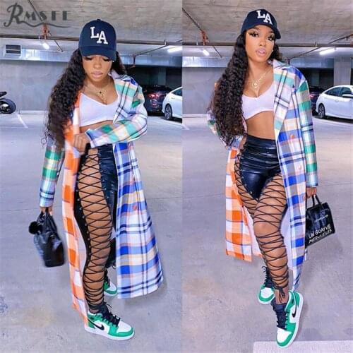 RMSFE 2020 Autumn Womens Plaid Print Turn-down Collar Long Coat Holiday Sexy Casual Shinnt Lady Patchwork Coat