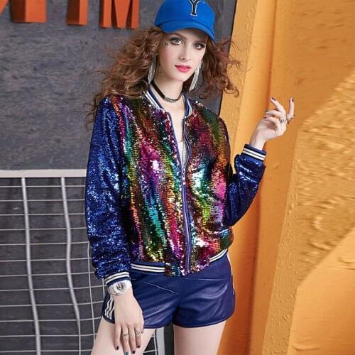 Autumn Striped Sequins Bomber Jacket Stand Up Collar Beaded Baseball Uniform Sequined Long-sleeved Streetwear Crop Cardigan Tops