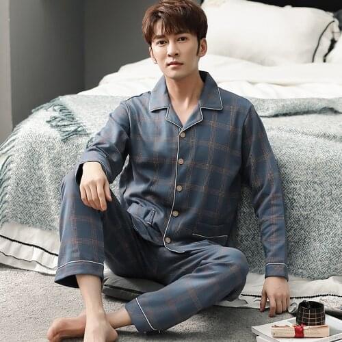 100% cotton spring and autumn pajamas mens long-sleeved clothes cardigan sleepwear