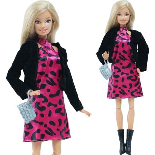 Rosa Leopard Dress with Black Coat Jacket Bag Boot Cool Girl Outfit Daily Clothing Clothes for Barbie Doll Accessories Toy