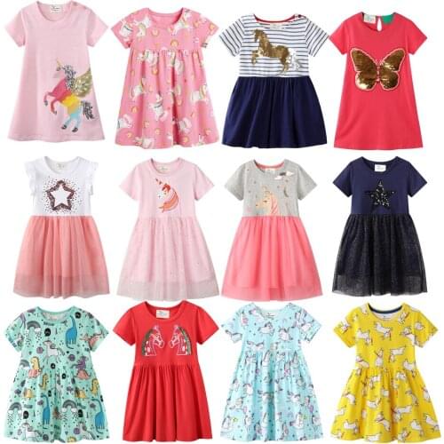 Unicorn Princess Dresses for Girls 2021 Spring Summer New Children Wear Short Sleeve Jumping Meters Baby Clothes Kids Costume