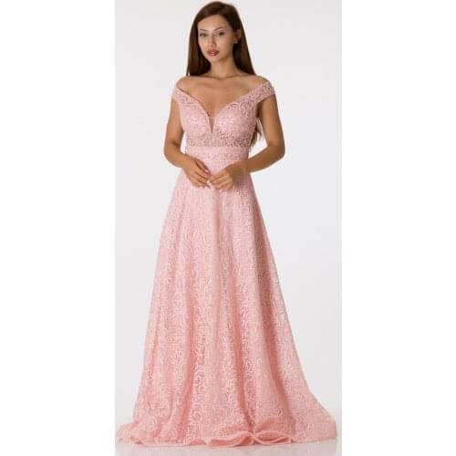 SHECCA (63366) Pink V Neck Lace Prom Dress