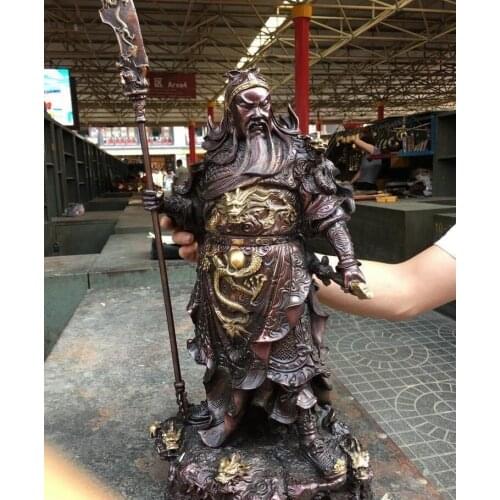 Tibetan Red Bronze Copper Nine Dragon Guan Gong Guan Yu warrior Buddha Statue 50cm