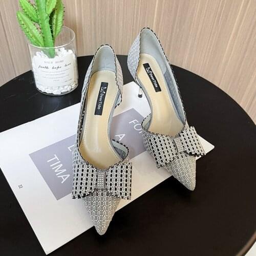 Womens Thin High Heels Crystal Pumps Women Fashion Bow Hollow Point Toe Party Shoes Woman Slip on Shallow Pumps Female