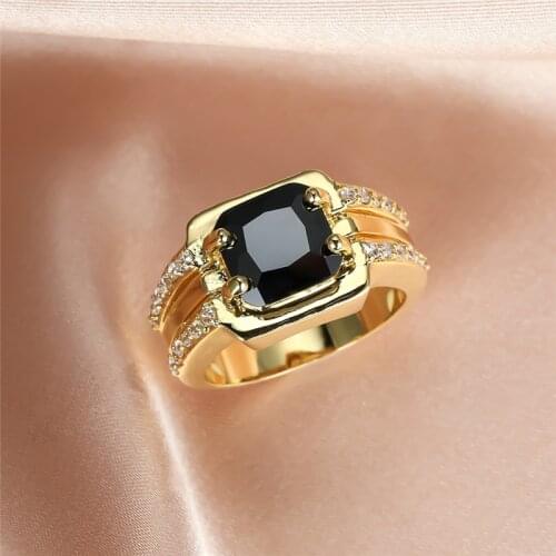 Vintage Female Black Crystal Stone Ring Yellow Gold Color Wedding Big Rings For Women Promise Bride Square Engagement Ring