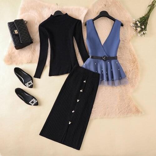 Women 2021 Autumn Winter 3pcs Suits Female Slim Pullover Knitwear + Sleeveless V-neck Vest+pencil Skirt Fashion Elegant Set Y288