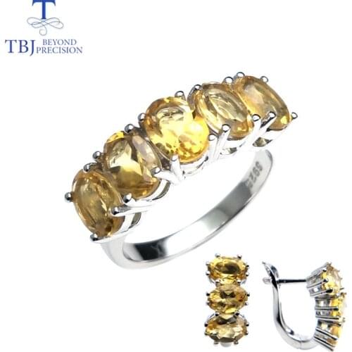 TBJ,natural citrine stone jewelry set ring and earring in 925 sterling silver fine jewelry for women daily wear Valentine gift