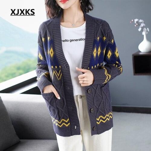 XJXKS 2020 autumn winter new fashion V-neck loose plus size women sweater coat high quality wool knitted cardigan women sweater