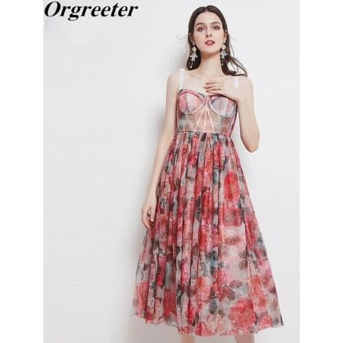 2021 Summer Rose Print Bohemian Party Dress Womens Spaghetti Strap Backless Sexy Padded Cup Slim Mesh Dress Beach Robes Femme