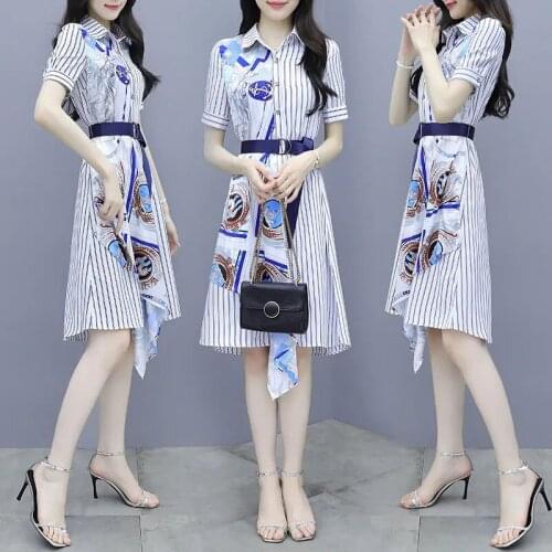 2021 Summer New Sashes Women Elegant A-line Printed Dress Fashion Striped Patchwork Dresses