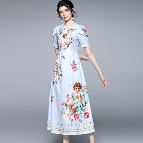 New 2021 Summer Fashion Designer Vintage Dress Women Puff Sleeve Printed Boho Holidays Party Long Dress Robe