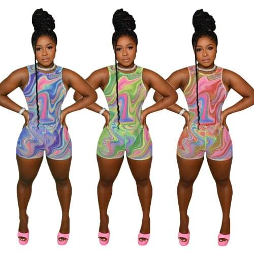 ZZH2137 Wholesale Items O Neck Bod Print See Through Casual Sport High StreFashion Summer Women Rompers
