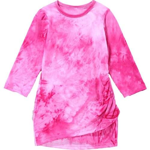 Baby Girl Tie Dye Dress Long Sleeve Pleated Printed Crew Neck Irregular Hem Skirt Kids Toddler Dresses 1-6Y