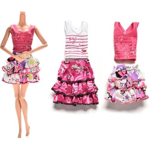 1Set Handmade Cartoon Letter Strip Printing Short Sleeve T-shirt Tutu Skirt for Doll Clothes Suits for 1/6 BJD Accessory
