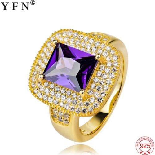 GNJ0262 YFN 100% Real 925 Sterling Silver Ring Luxury Purple Crystal Gold Rings Romantic Fashion Jewelry Wedding Christmas Gift
