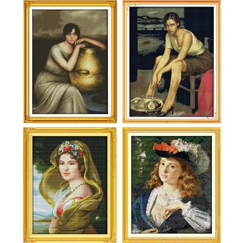 Joy Sunday Oil Painting Girl Patterns Portrait Cross Stitch Kit 11ct14ct Embroidery Needlework Canvas Set for Bedroom Decoration