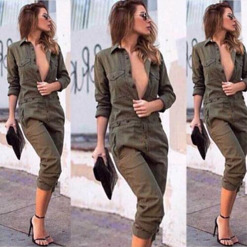 Fashion Cargo Jumpsuit Buckle Belt Military Romper Front Zip Striped Overalls Green Female Long Sleeve Pants Streetwear Jumpsuit