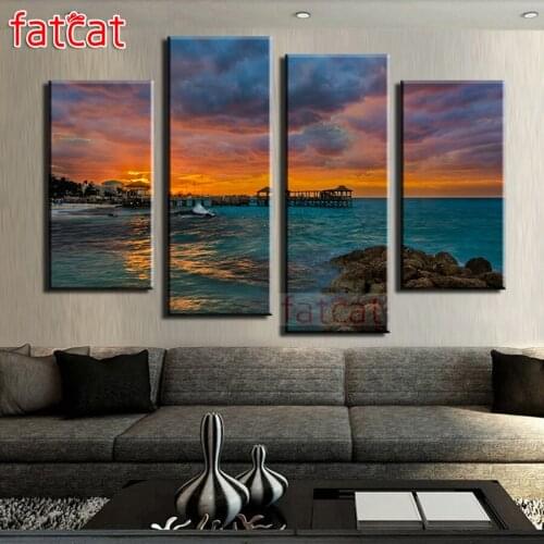 FATCAT 4 Piece Evening sea scenery Diy Diamond Painting Full Square Round Drill Diamond Embroidery Animals 5D Needlework AE2411