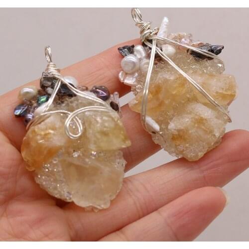 Natural Stone Irregular Yellow Crystal Bud Winding Silver Thread Pendant with Pearls DIY Necklace Sweater Chain Jewelry Making