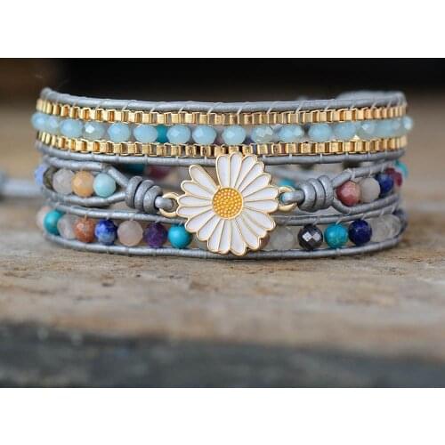 New Fashion Leather Wrap Bracelets W/ Natural Stone Daisy Charm Chain Woven Strand Bracelet Bohemian Jewelry Bijoux Dropship