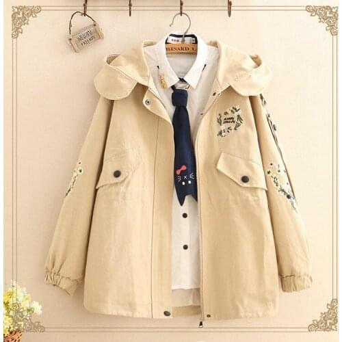 Fall 2019 new "women 's wear simple flower embroidery long - sleeved jacket girls accept waist casual hooded windbreaker