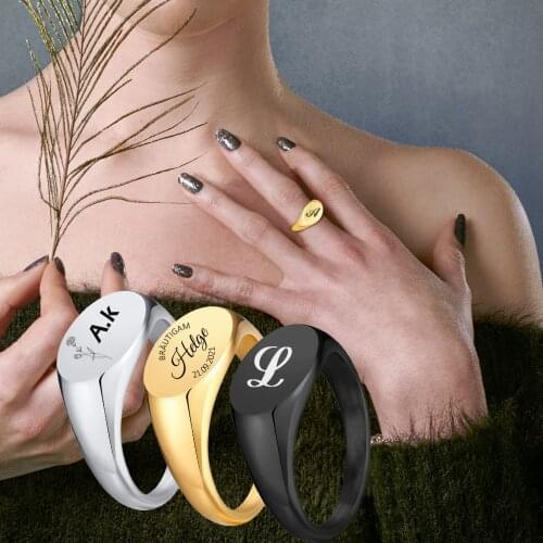 Customized Oval Signet Ring , Stainless Steel Womens Rings ,Personalize Initial Engraving Pinky Jewelry