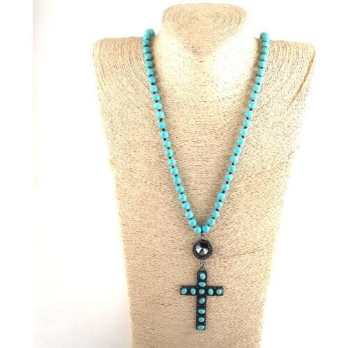 MD Fashion Beaded Necklace Stone Bead Long Knotted Metal Cross Pendant Necklaces For Women Jewelry