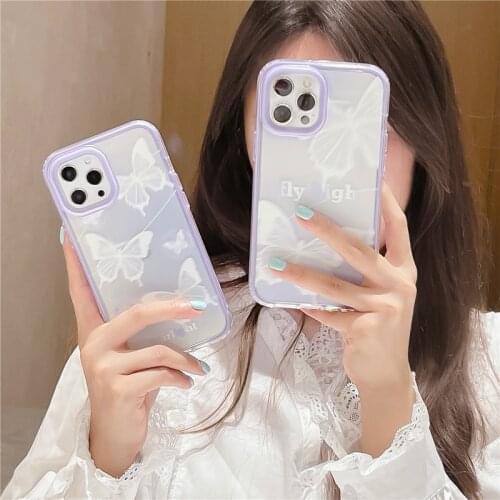 Luxury Butterfly Frame Phone Case for IPhone 12 11 7 8Plus 12 Pro Max XR Xs Max X Purple Clear Cover for Iphone 12 Pro Max Coque