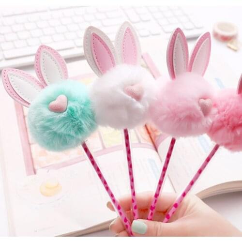 1Pcs Candy Color Cute Rabbit Ear Plush Gel Pen 0.5mm Black Ink Pompom Rollerball Signing Pen School Office Supply Stationery