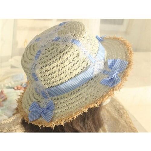 Flat Hat Mori Girl Summer Straw Hats Women‘s Beach Sun Cap Sweet Lolita Princess Bow Straw Hat Headwear B1327