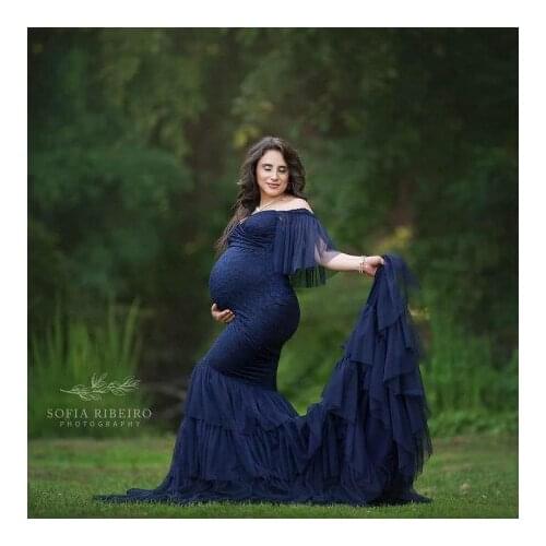 2021 Navy Lace Mermaid Pregnancy Photo Shoot Dresses Short Sleeves With Long Train Chiffon Tiered Ruffles Long Maternity Gowns