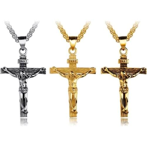 Vintage Gold Crucifix INRI Pendant Necklace for Men Boy Cross Jesus Christian Male Jewelry Stainless Steel Necklaces