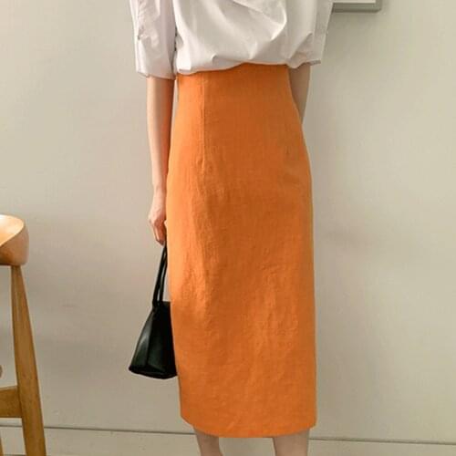 Colorfaith New 2021 Womens Skirts Summer Autunm Vintage High Waist Korean Package Hip Straight Split Wild Long Skirts SK6287