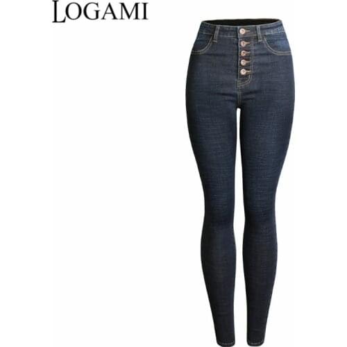 LOGAMI High Waist Button Jeans Woman Skinny Pencil Jeans Ladies Casual Jean Slim Femme New